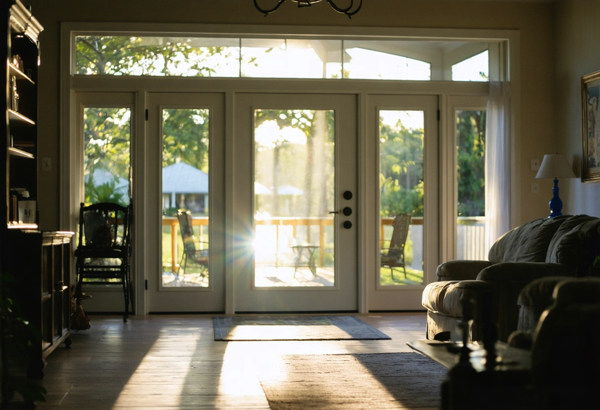 A Florida home with energy-efficient entry doors, showing insulated cores and low-emissivity glass. The doors
