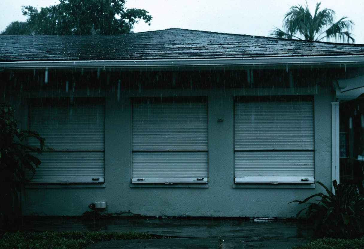 A Florida home with professionally installed hurricane shutters and windows, standing strong during a storm.