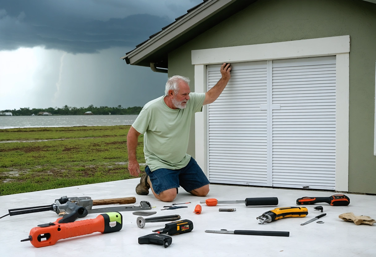 A Florida homeowner struggling to install hurricane shutters, tools scattered, frustration visible. Background shows a