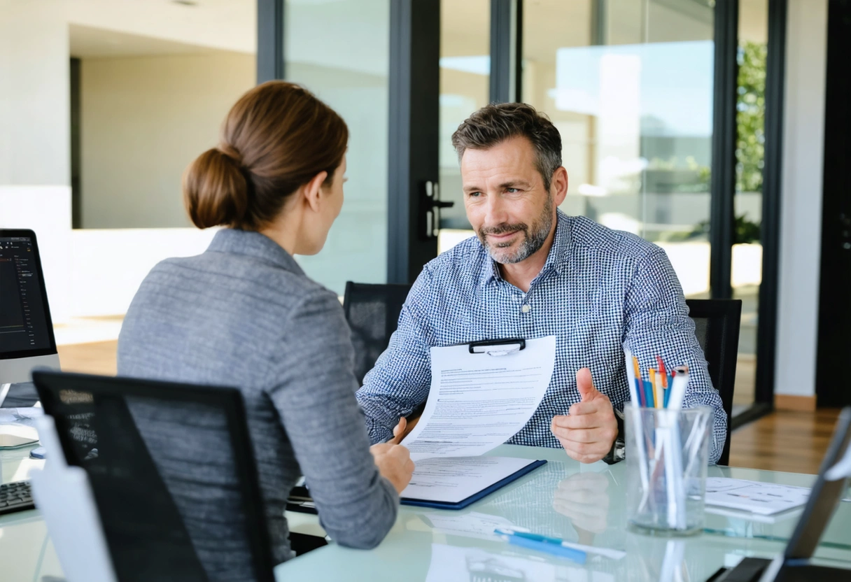 A homeowner discussing sliding glass door installation with a certified contractor, reviewing credentials and past