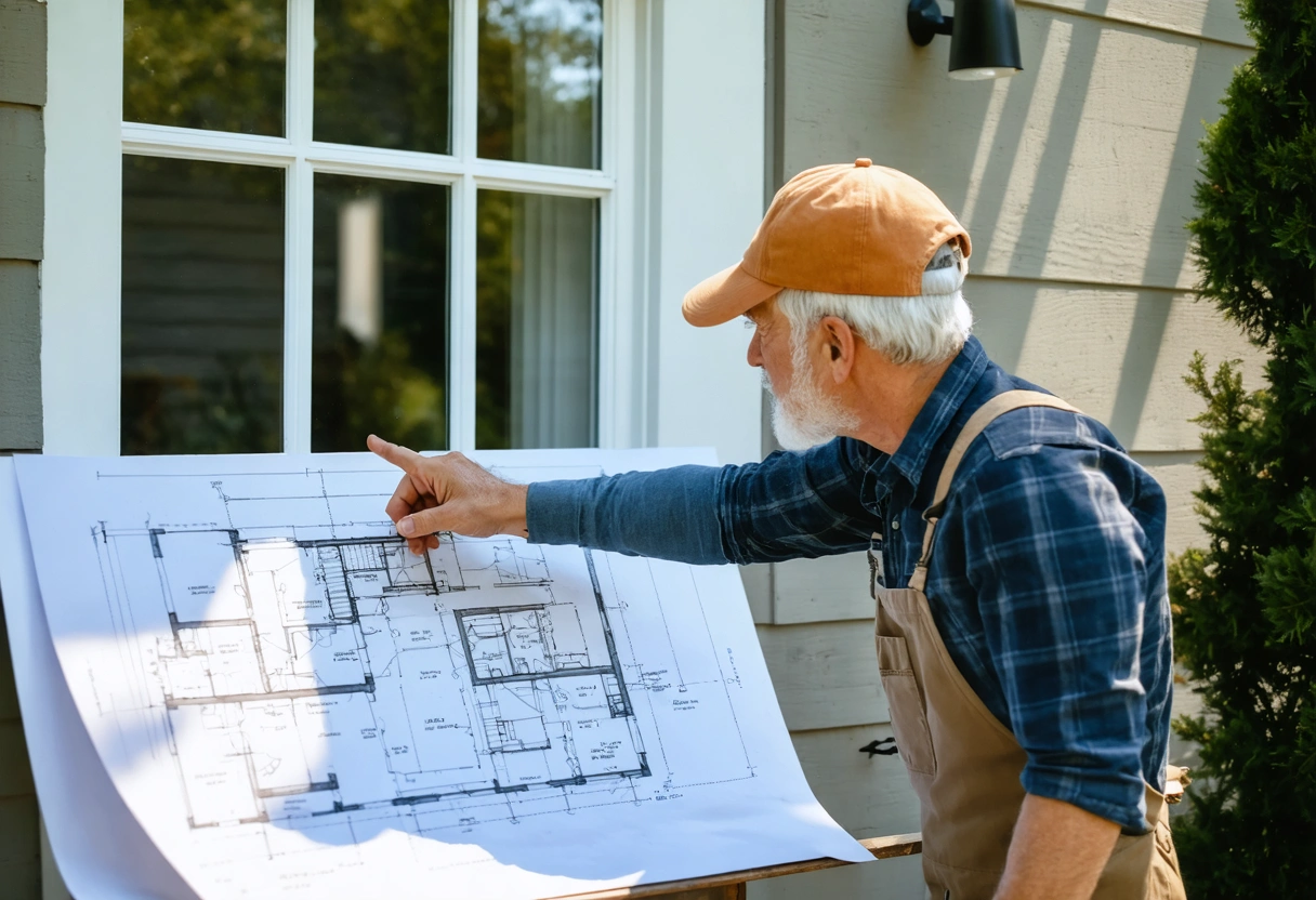 Homeowner discussing window installation with professional, pointing at blueprint