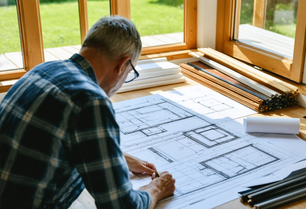 Homeowner reviews window blueprints and samples in sunlit room, focusing on sash and casement styles.