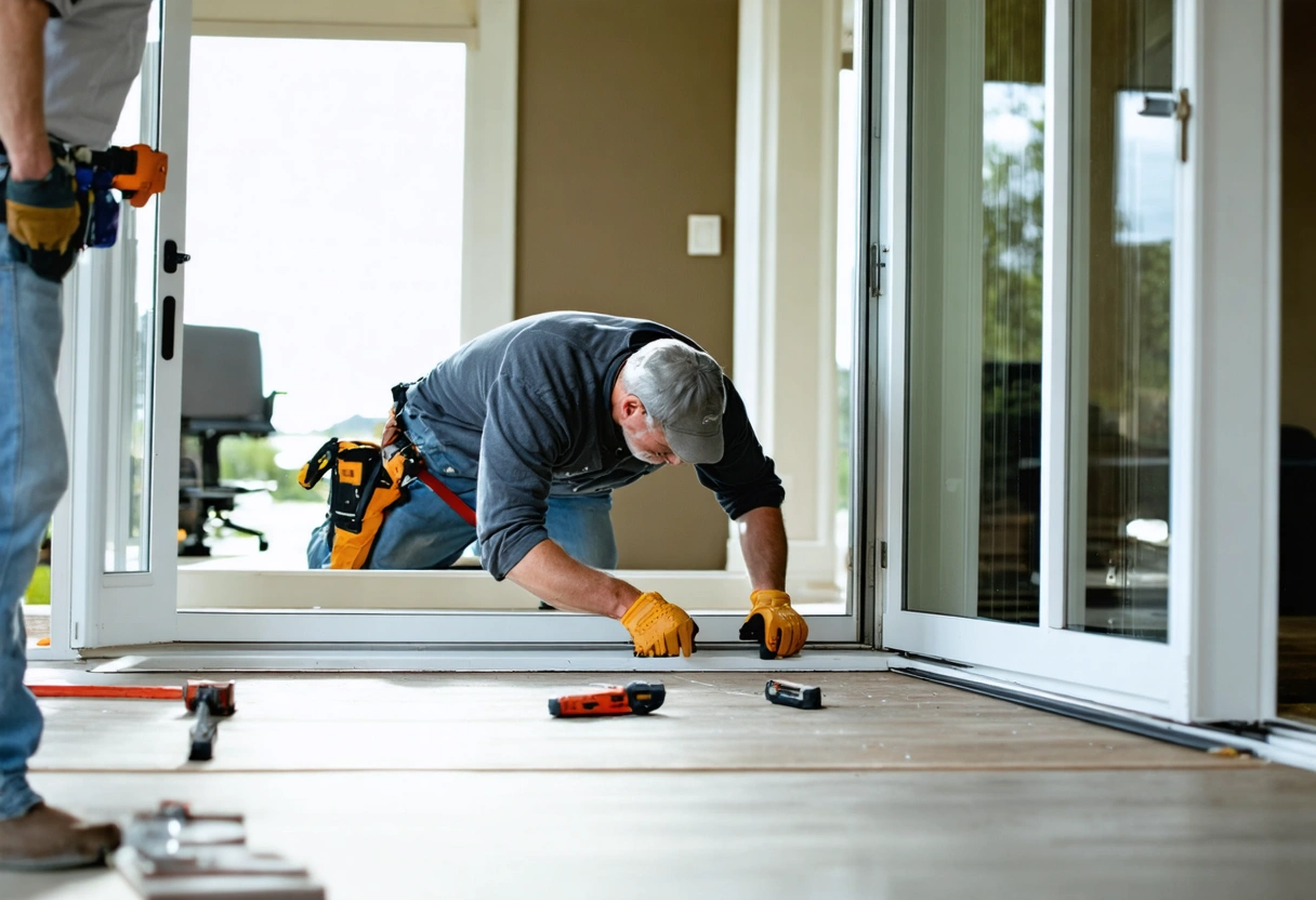 A homeowner observing a contractor leveling a sliding glass door frame in a sunlit room,