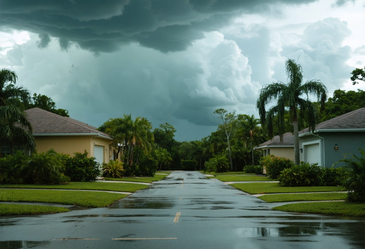 Humid Florida neighborhood with stormy clouds, highlighting harsh climate for entry door installations.