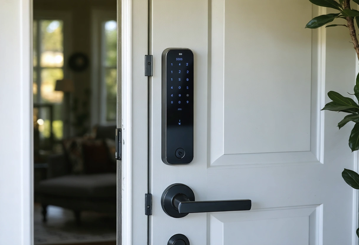A modern Florida home with smart entry doors, featuring integrated smart locks and impact-resistant glazing.