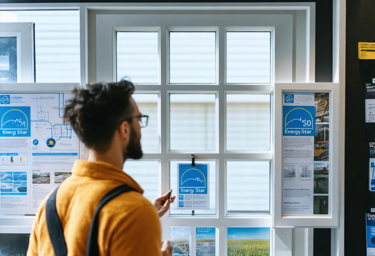 A person examines energy-efficient window options with labels like Energy Star, in a showroom. Bright
