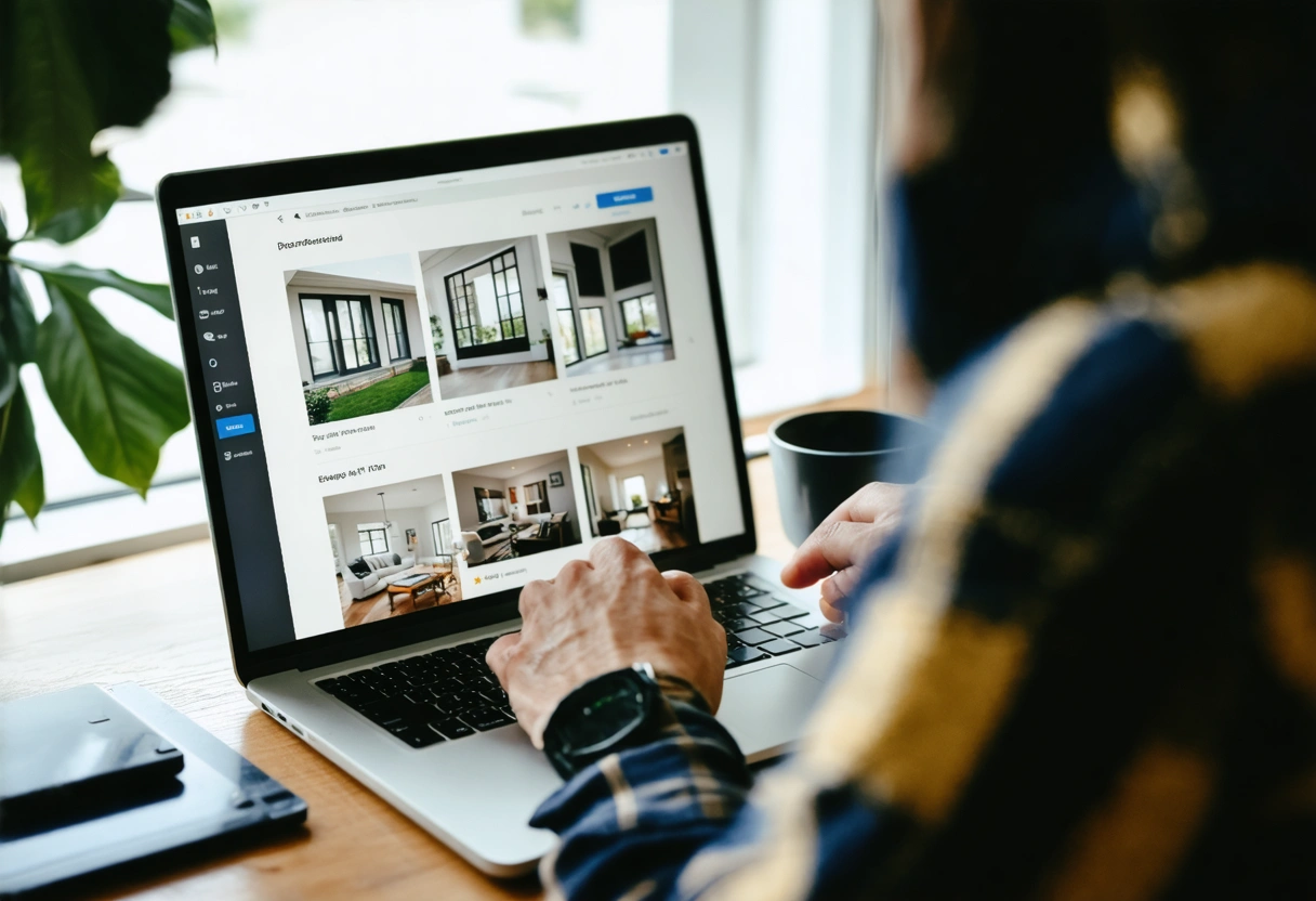 A person reviews window installation company websites on a laptop, showing UI screens with reviews