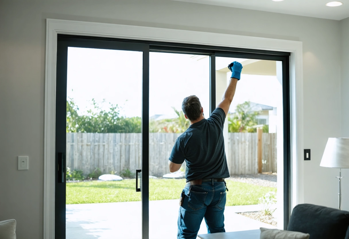 Professional installer aligning sliding glass door in modern Florida home, showcasing sleek design.