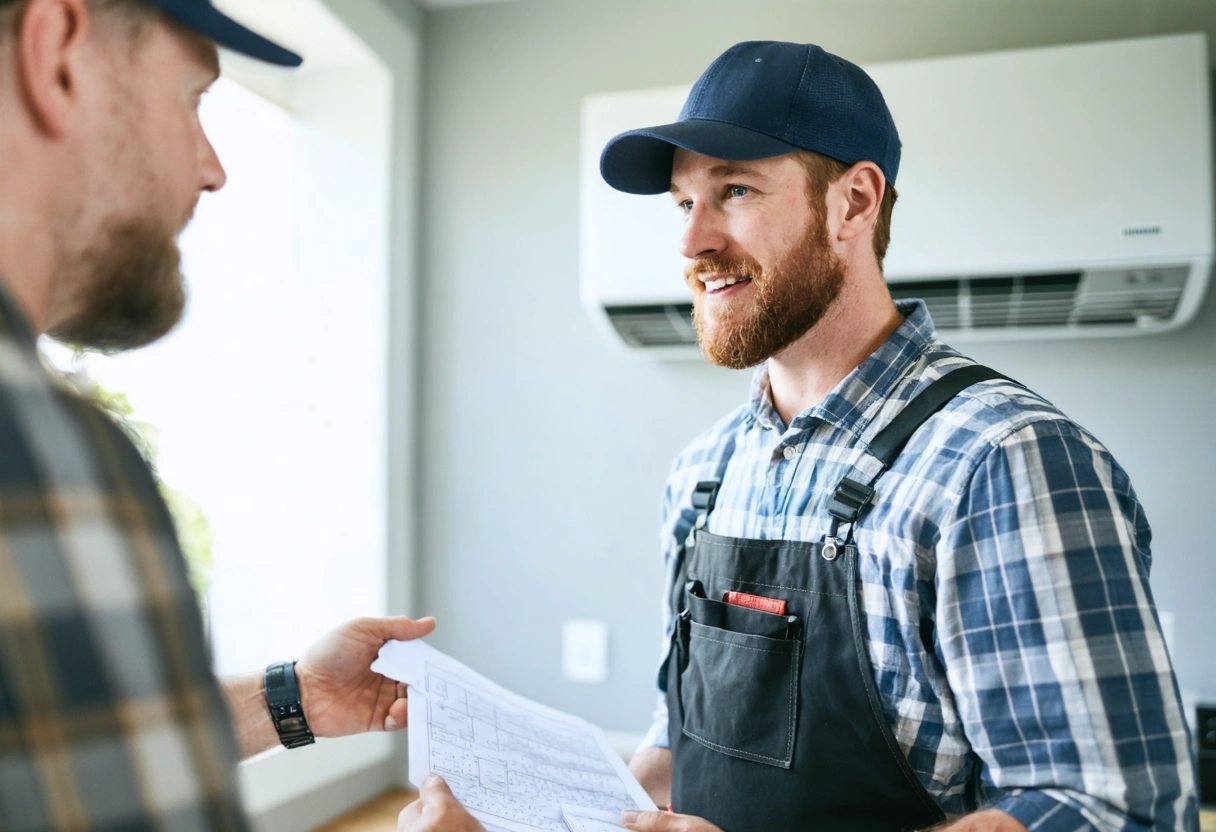 A professional installer advising a Florida homeowner on sustainable insulation and HVAC solutions. The scene