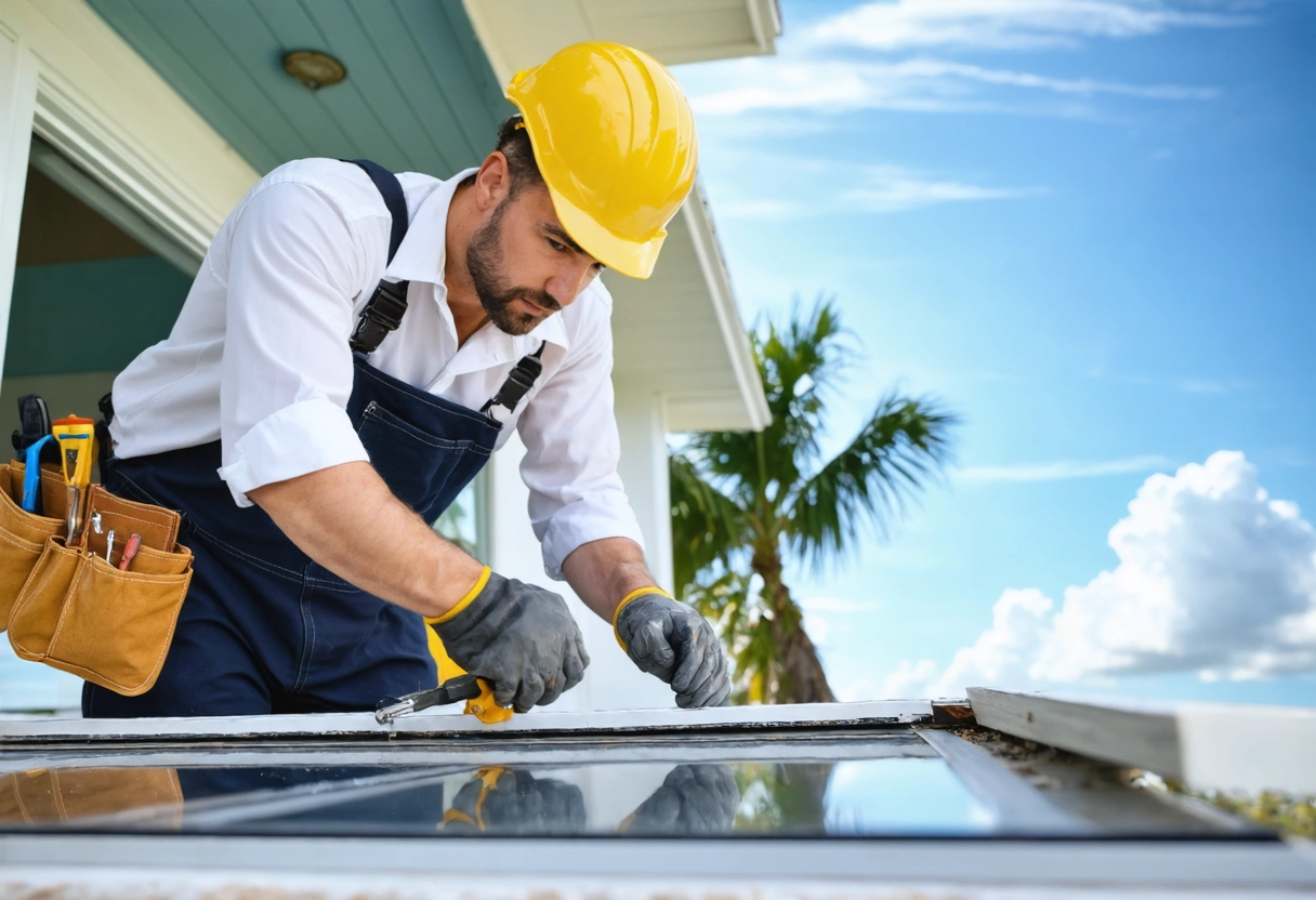 A professional installer fitting impact-resistant windows on a Florida house. The scene shows precision and