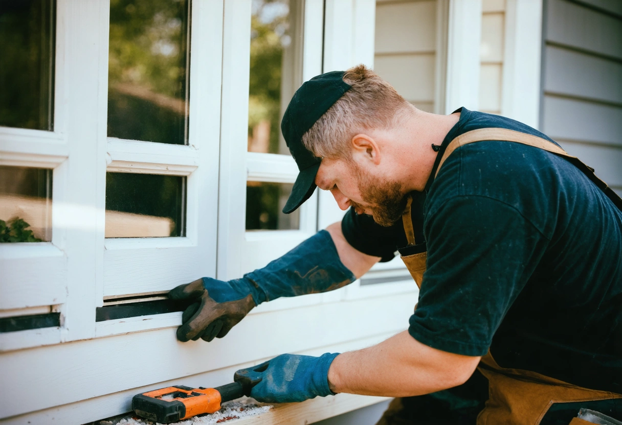 Installer fitting impact windows with precision and care, close-up of hands.