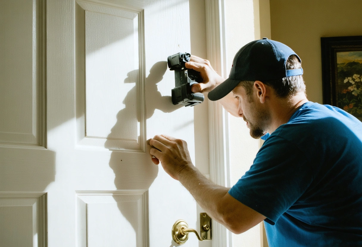 A professional installer explaining the benefits of door installation to a Florida homeowner. The installer