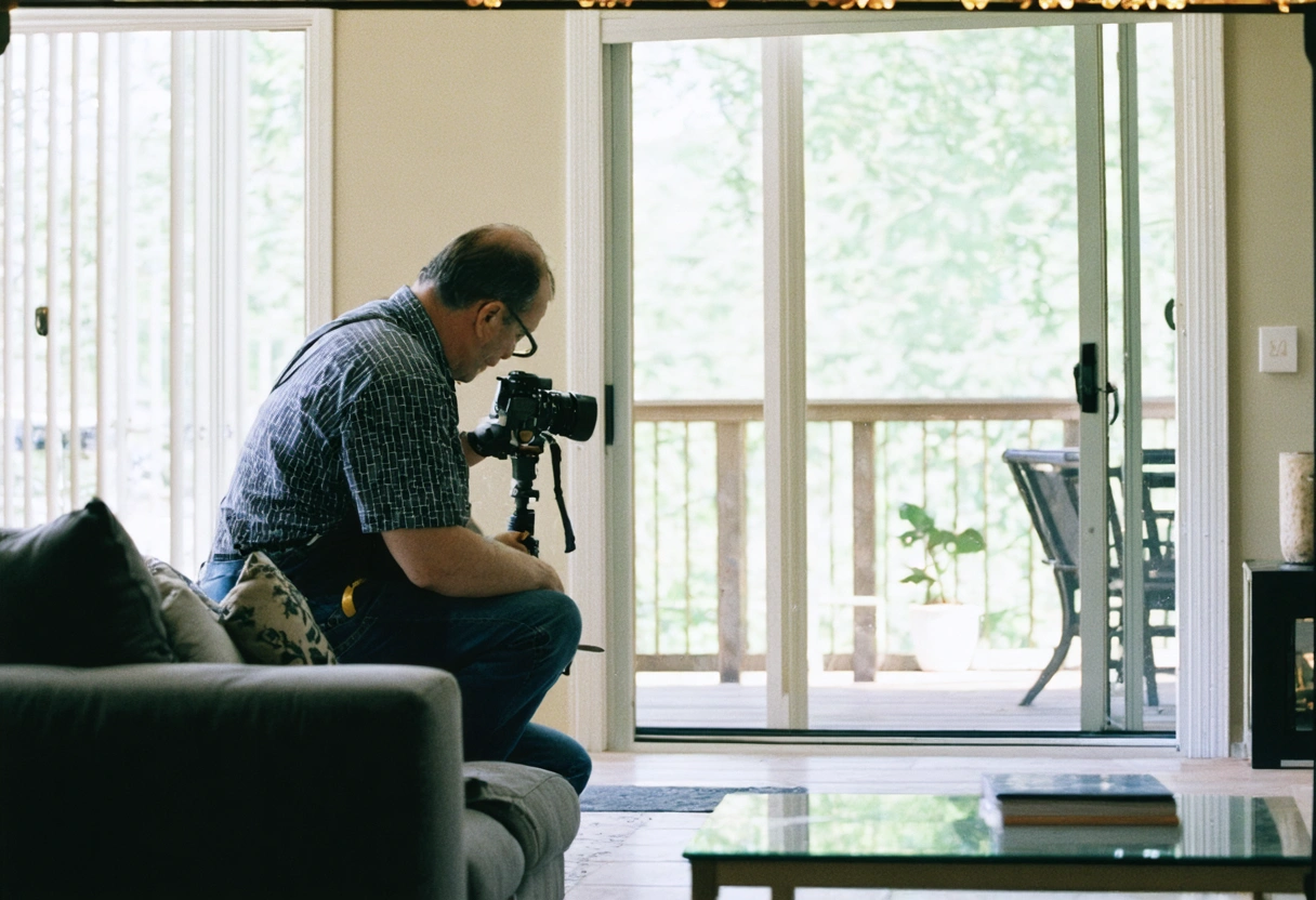 A professional repair technician inspecting a sliding glass door for damage in a bright, modern