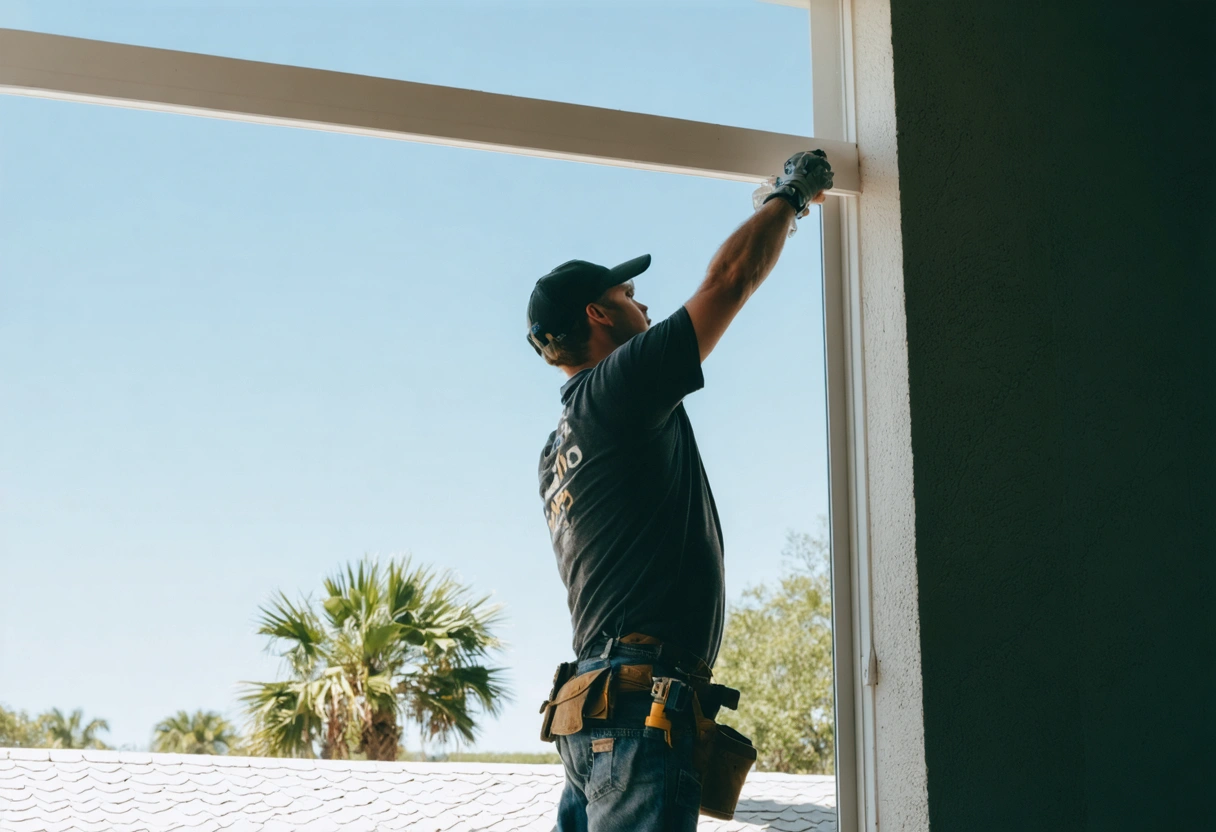 Professional installer measuring and fitting energy-efficient window in modern Florida home, sunny day.