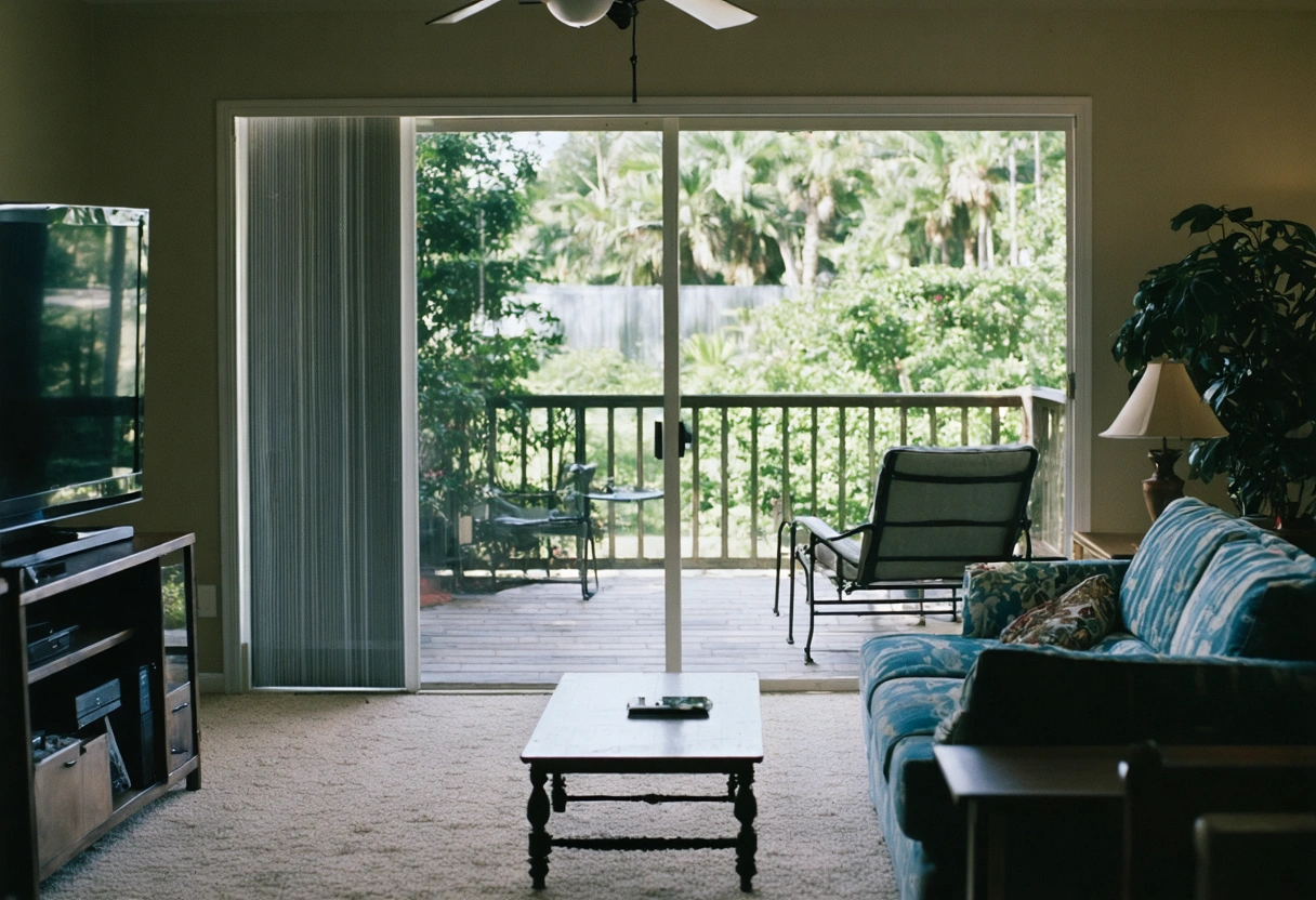 A secure sliding glass door with visible anti-lift devices and robust locking mechanisms, set in