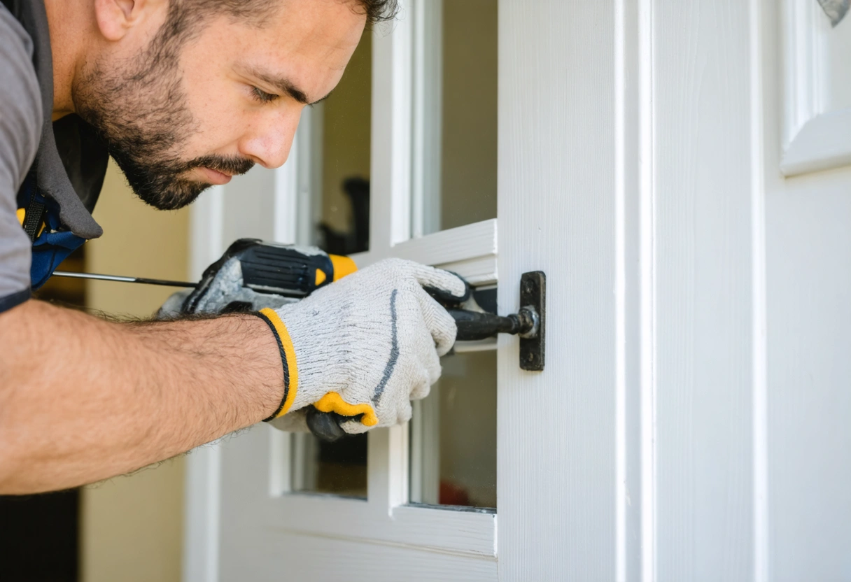 Close-up of a professional installer using precision tools to align and fit an entry door