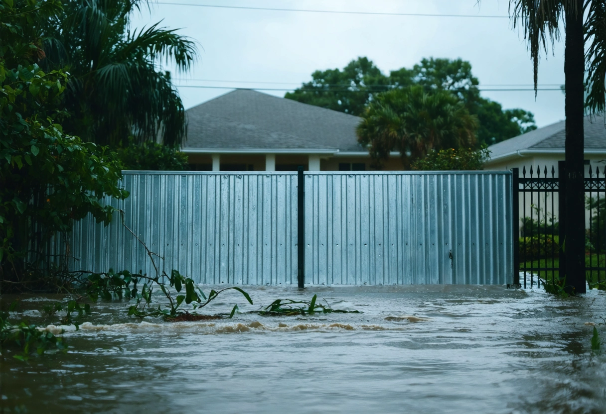 Aluminum flood barrier protecting Florida home from rising waters under stormy, overcast sky.