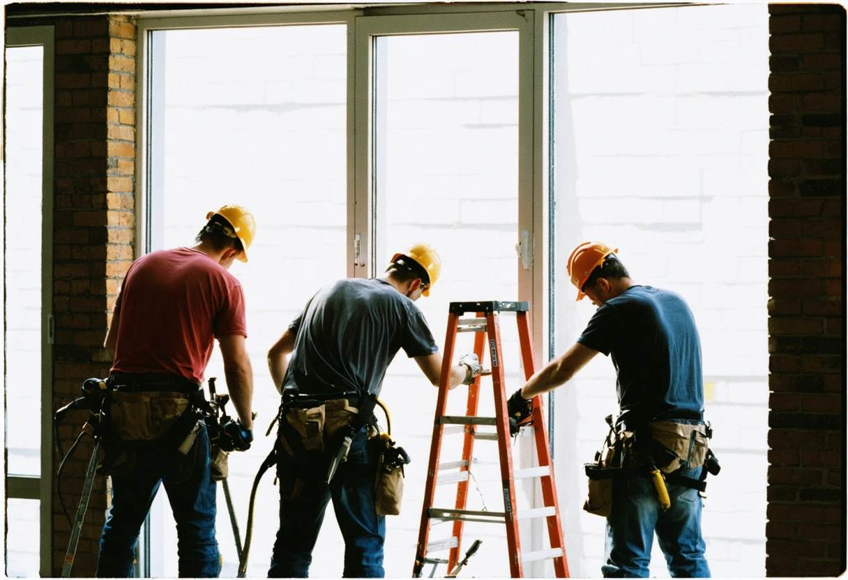 Team of installers working efficiently on large window installation in daylight.