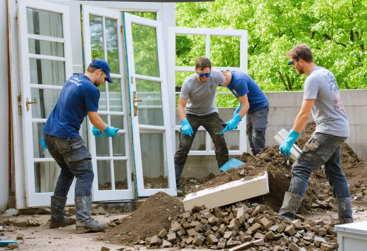 A team recycles old windows and materials at a site, with eco-friendly practices highlighted. Natural