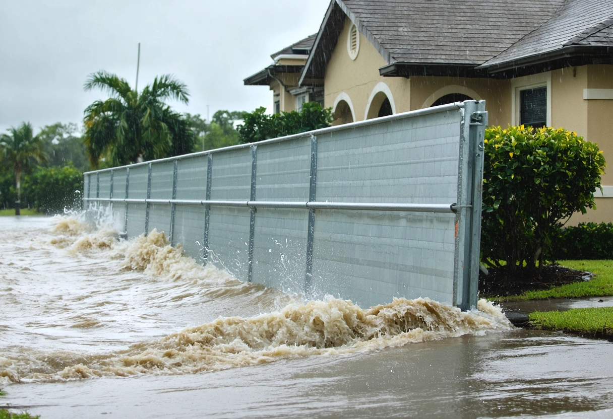 Aluminum flood barrier shielding Florida home during heavy rain, suburban setting