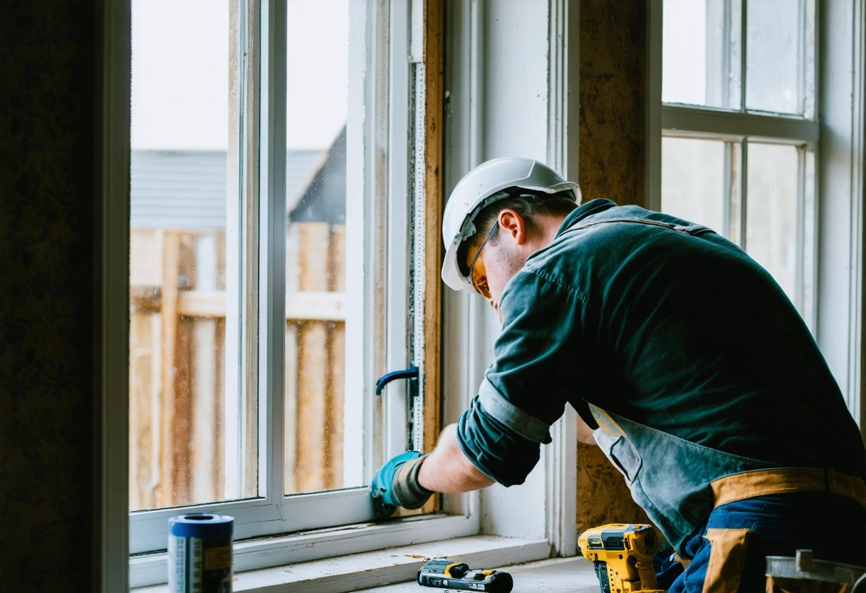 An installer carefully measures a window frame in a home under renovation. Tools and new