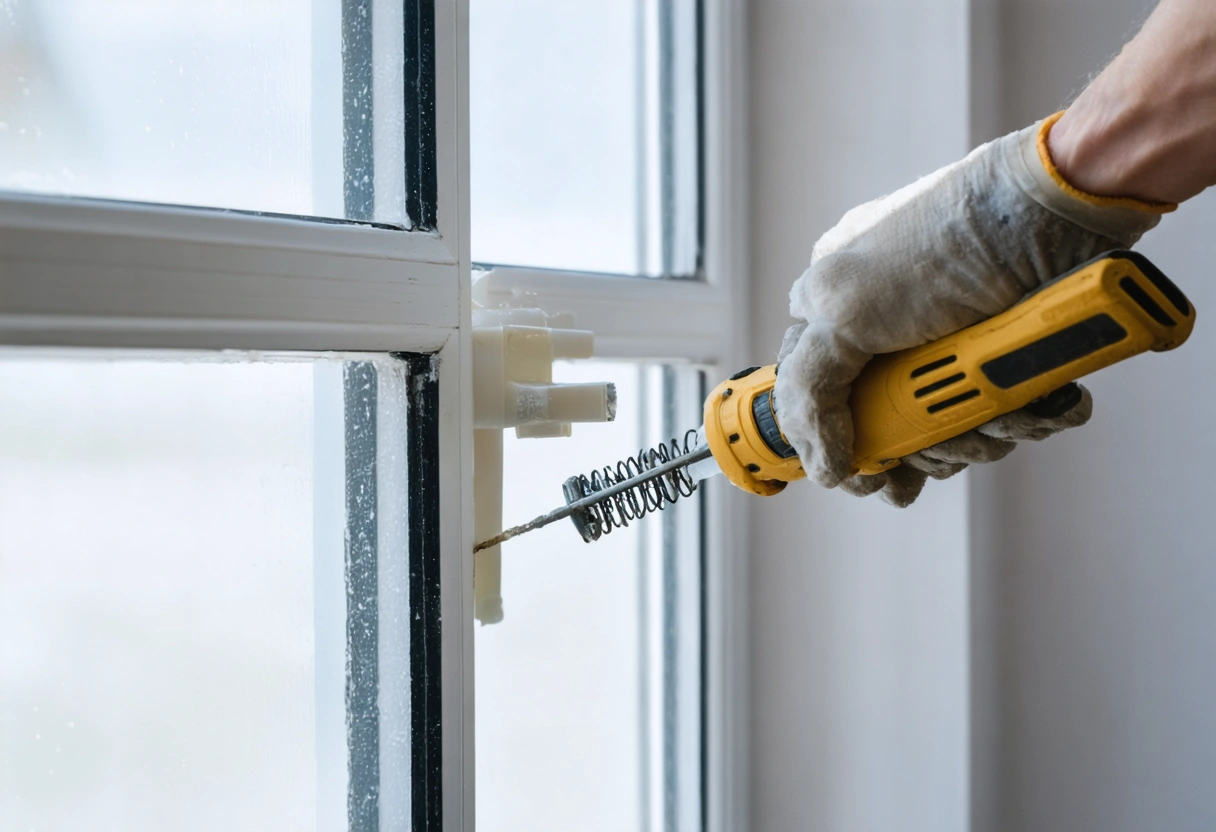 Close-up of double-glazed window being sealed with precision and care