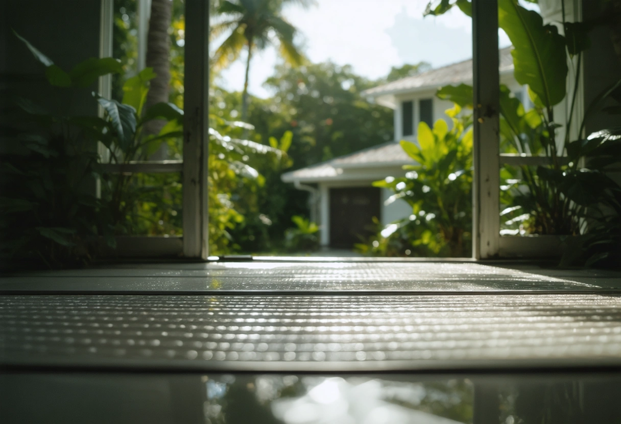 Shiny aluminum flood barrier in Florida home, surrounded by greenery.