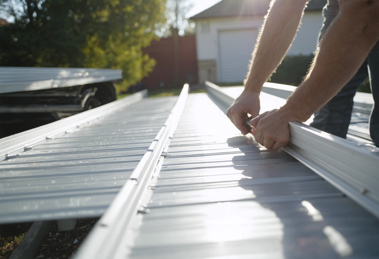 Hands assembling aluminum flood barrier, highlighting ease of use in daylight