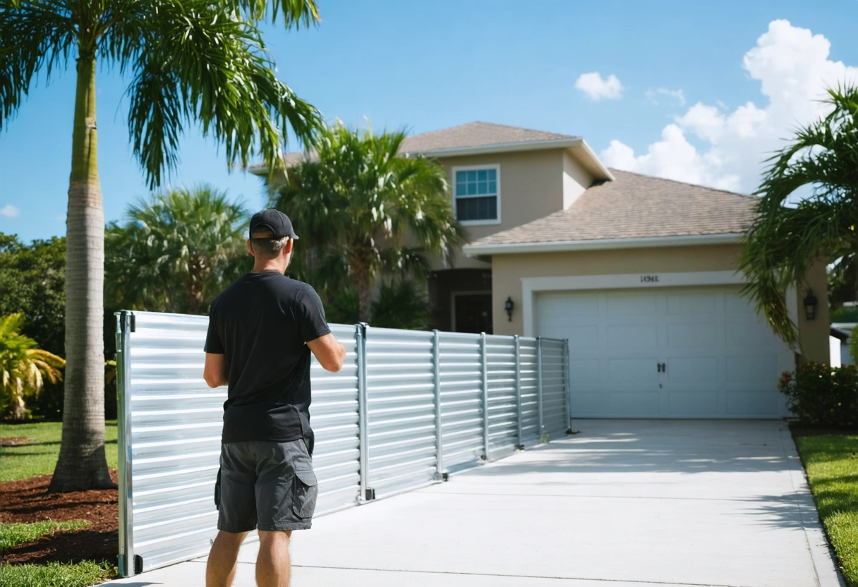 Homeowner inspects aluminum flood barriers, palm trees swaying.