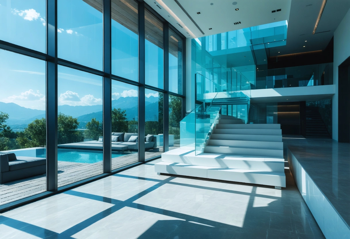Futuristic windows with smart glass technology in a modern home