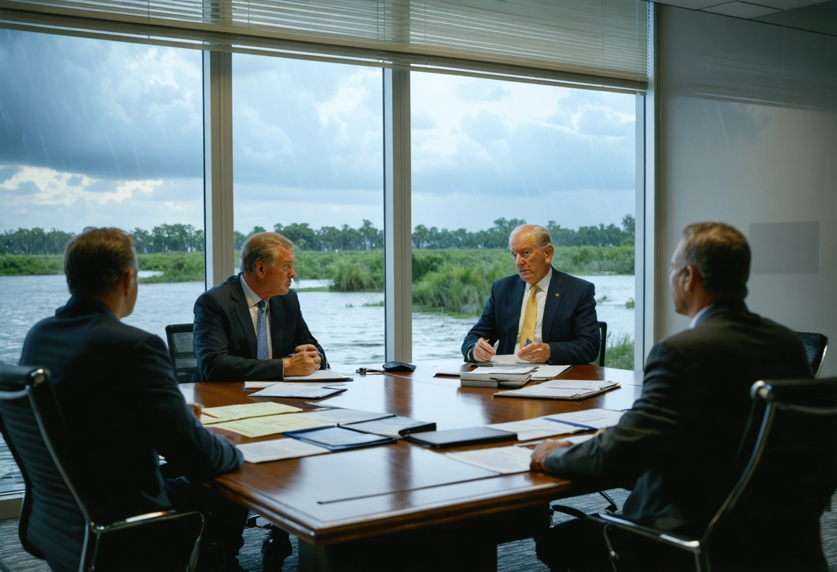 Officials discuss flood protection incentives, stormy weather outside.