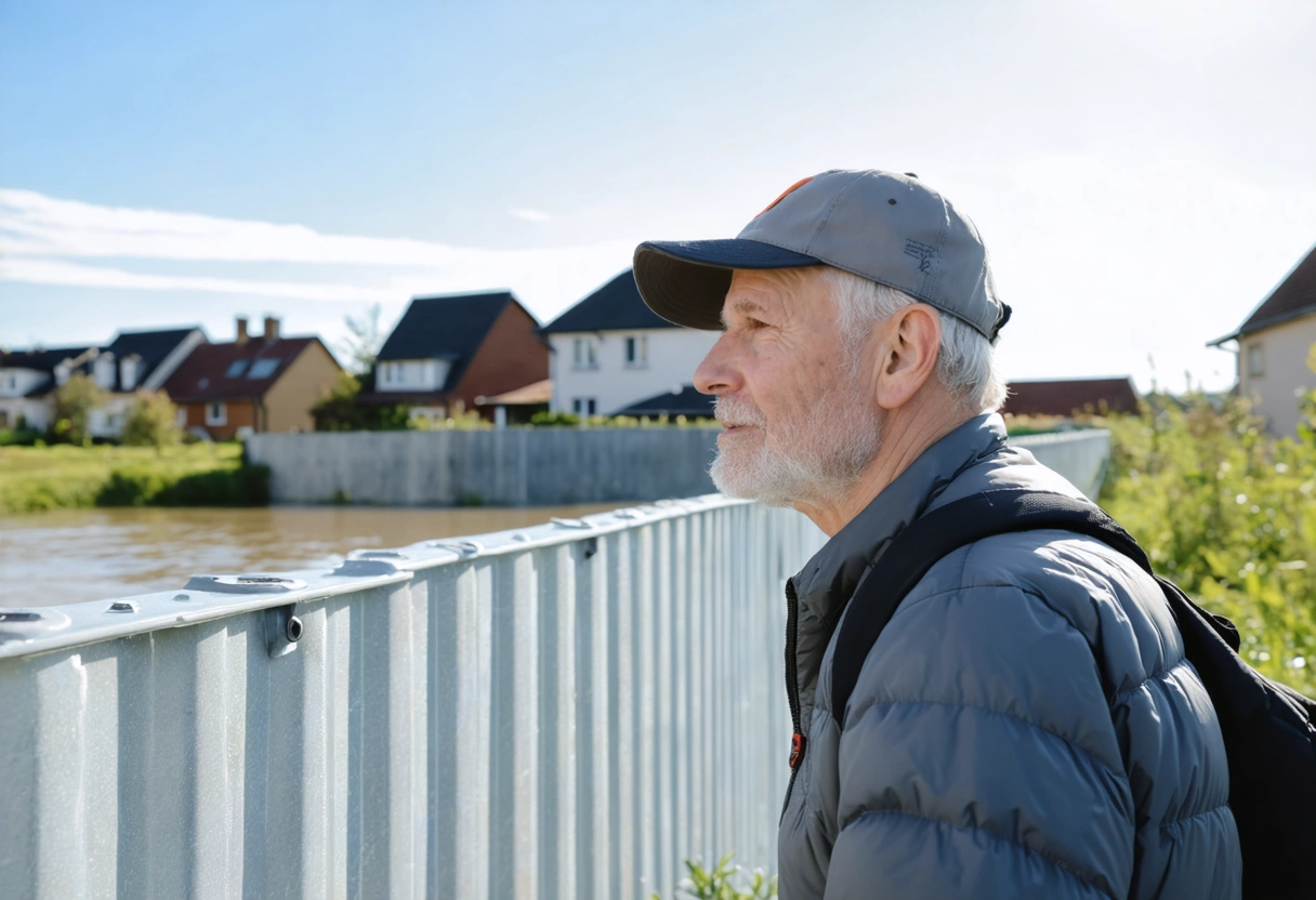 Homeowner observing flood barrier, relieved expression, sunny residential background