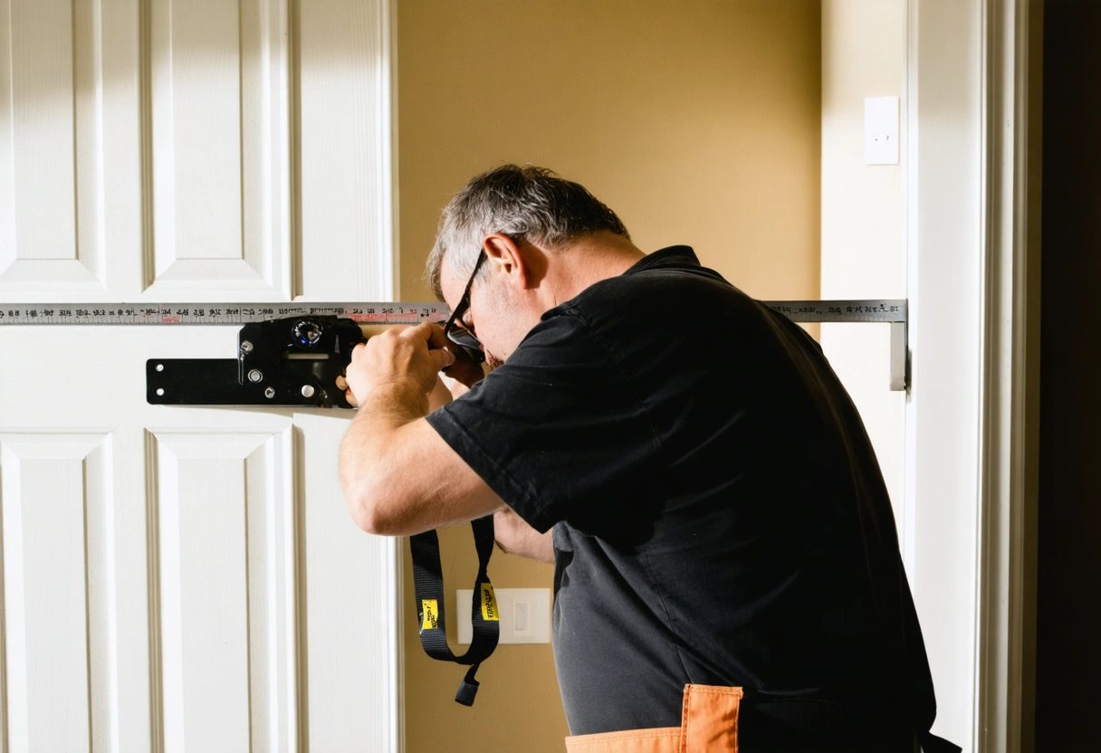 Installer measuring doorway for aluminum flood barrier, focused and precise