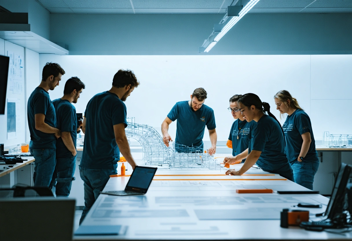 Researchers and engineers collaborating on flood barrier design in modern lab