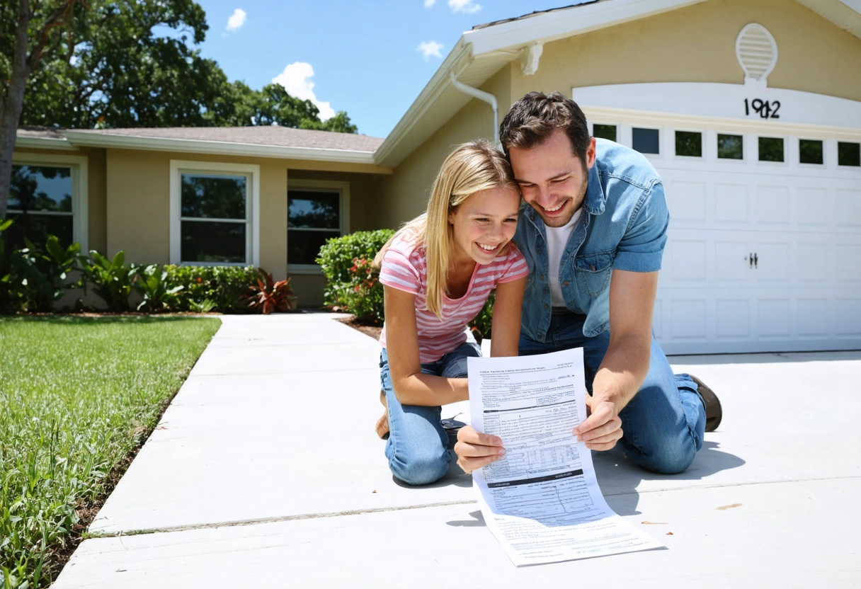 Family with reduced insurance bill, aluminum flood barriers visible.