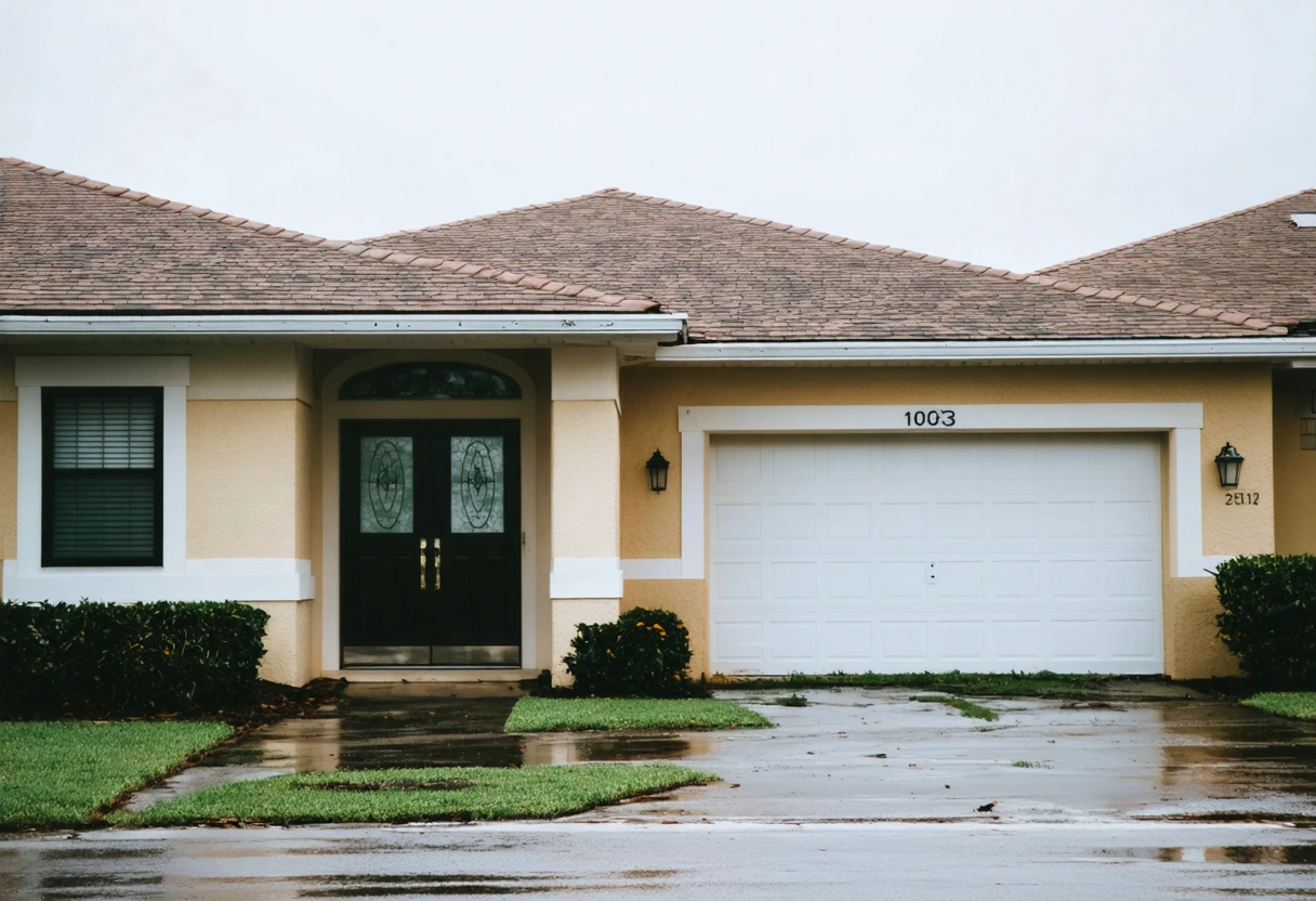 A side-by-side comparison of two Florida homes: one with a DIY door installation showing water