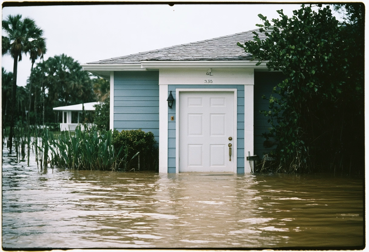 A coastal Florida home with a reinforced entry door, surrounded by rising water levels. The