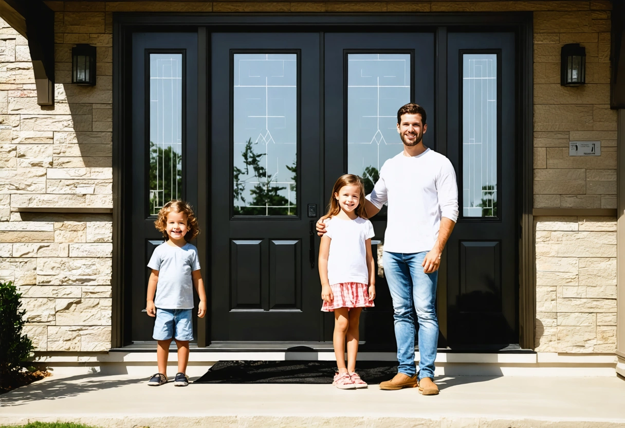 A family standing proudly in front of their flood-resistant entry door after a storm. The