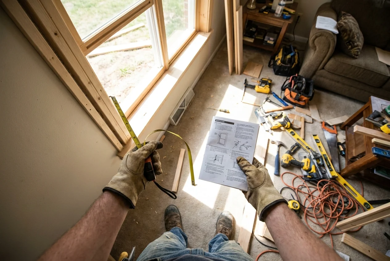 Homeowner struggling with window installation in cluttered room