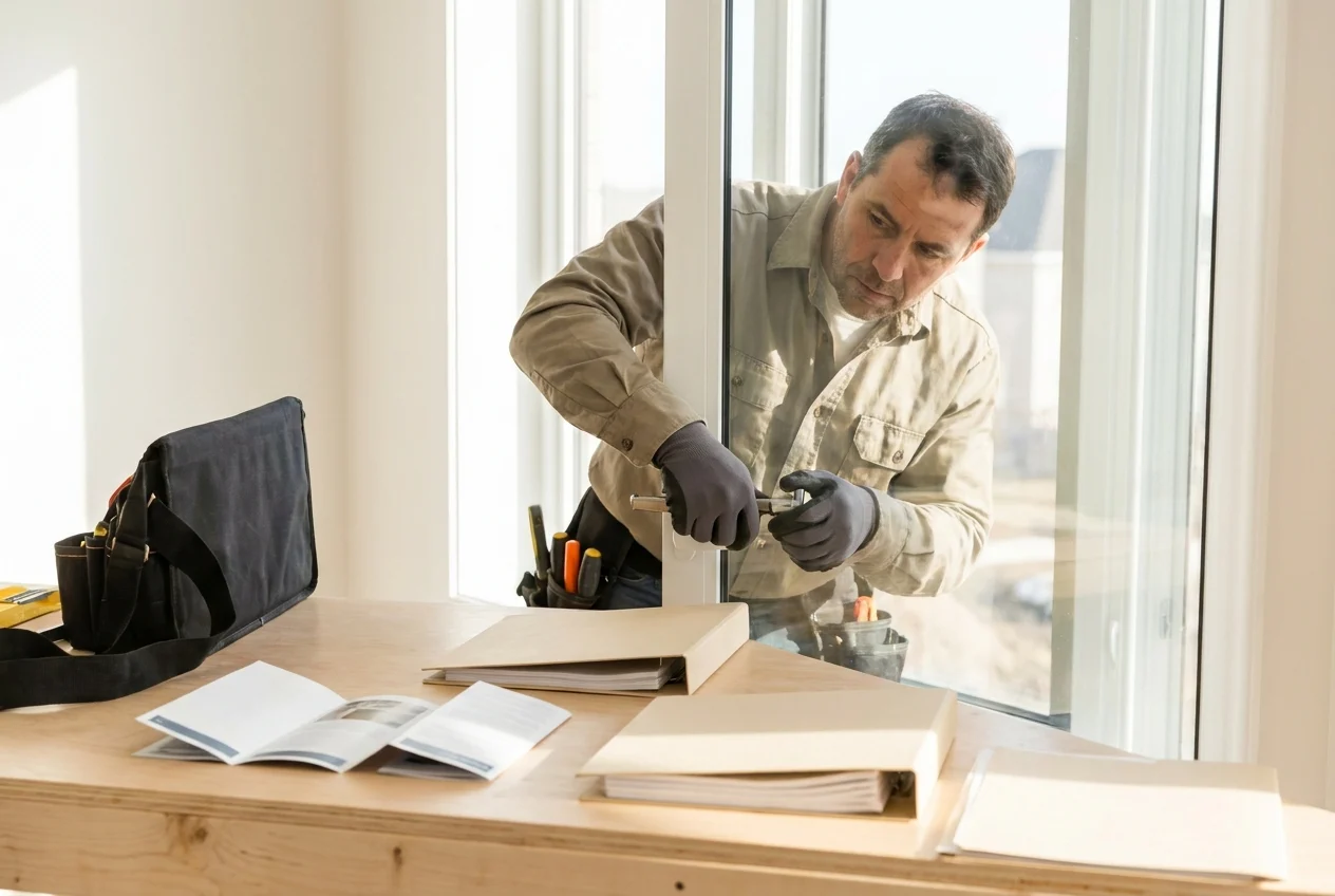 A professional installer holding a warranty paper, smiling confidently in a well-lit room, highlighting trust