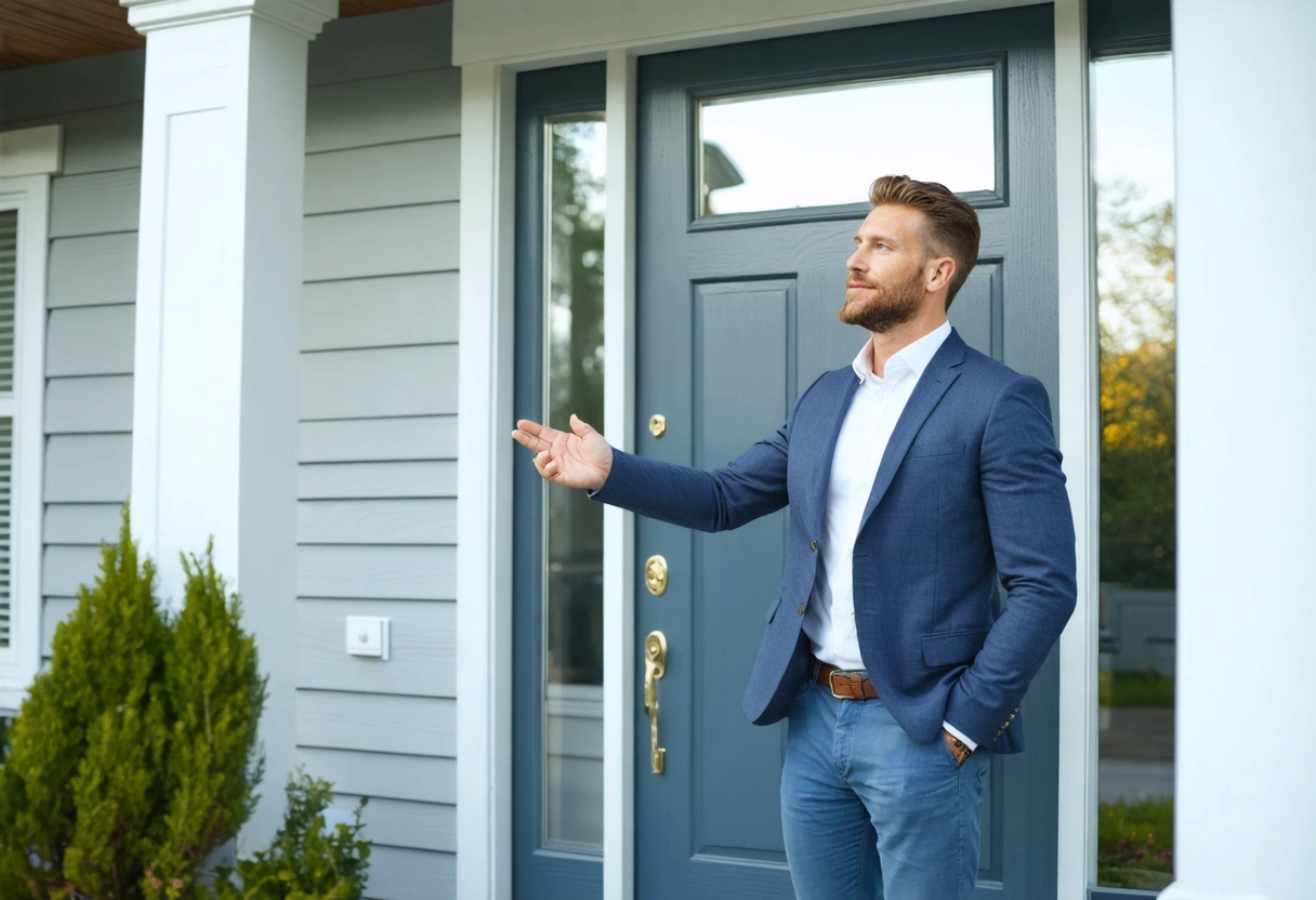 A real estate agent showing a coastal home with a flood-resistant entry door to potential