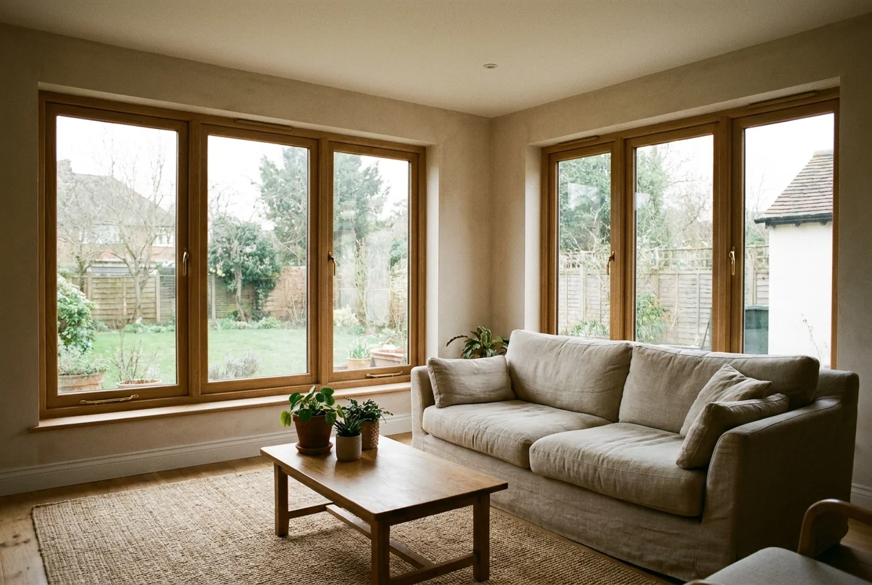 A satisfied homeowner shaking hands with an installer, well-installed window in the background, warm lighting,