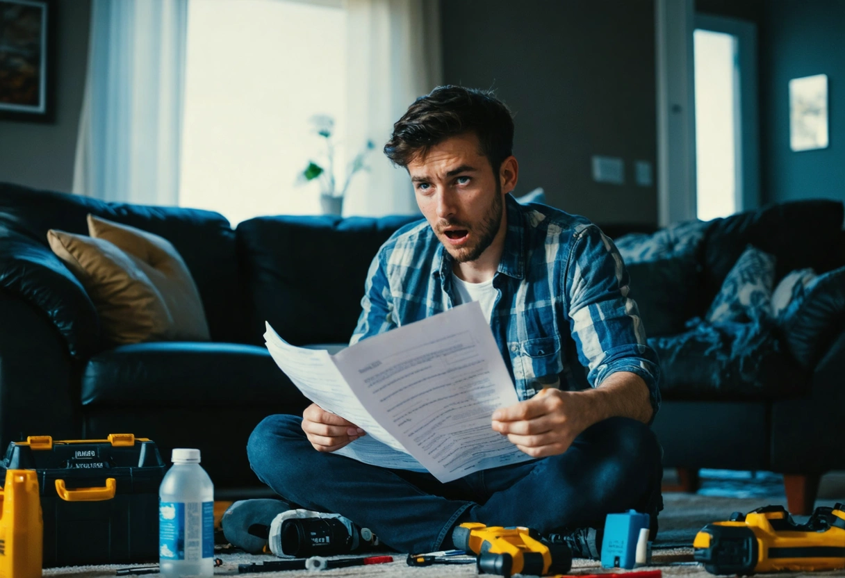 A person surrounded by DIY tools, looking stressed while checking instructions, bright room, natural light,