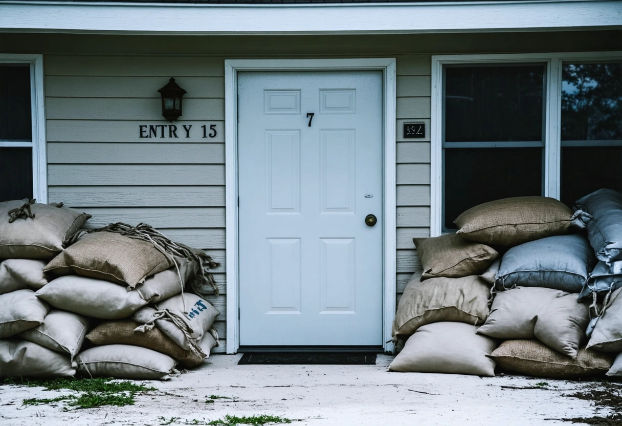Coastal Florida home with sandbagged entry door, closed against incoming storm, under overcast skies.