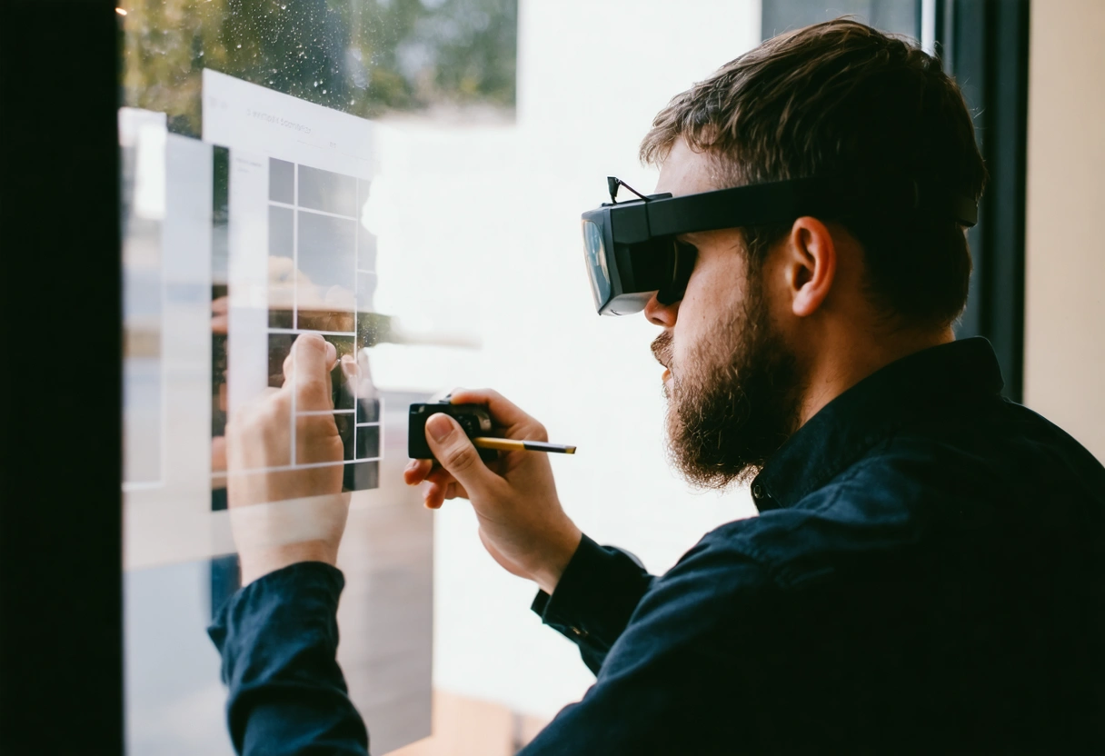 An installer using AR glasses to visualize window placement, high-tech tools around, bright room, futuristic