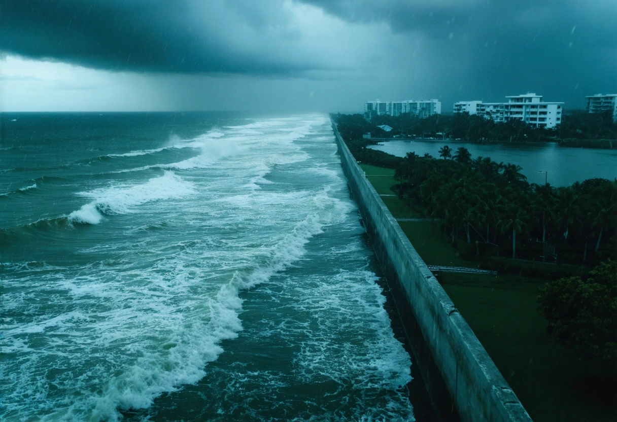 Aerial view of Florida coastline during storm with waves crashing against seawall and dark clouds.