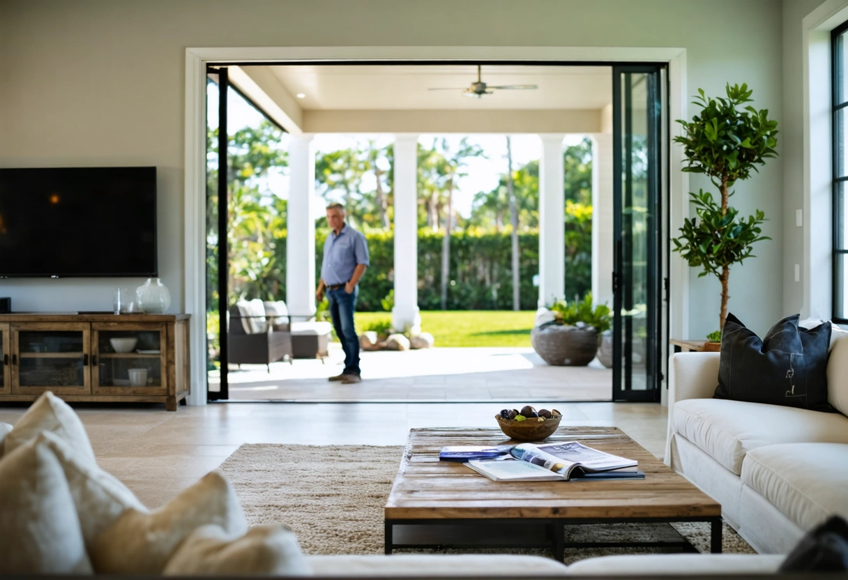 Homeowner and contractor discussing savings by new sliding glass door in Florida living room