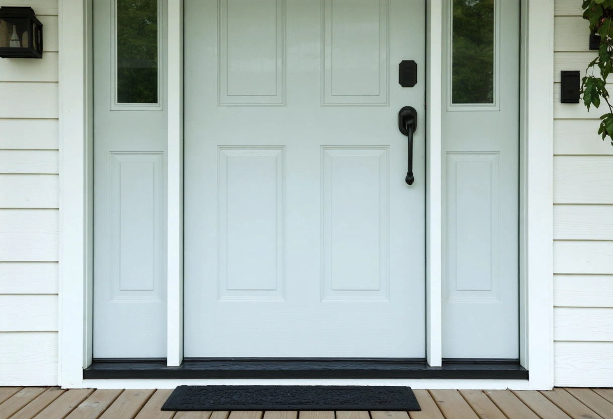 Close-up of a flood-resistant entry door with waterproof seals and raised threshold. The door is