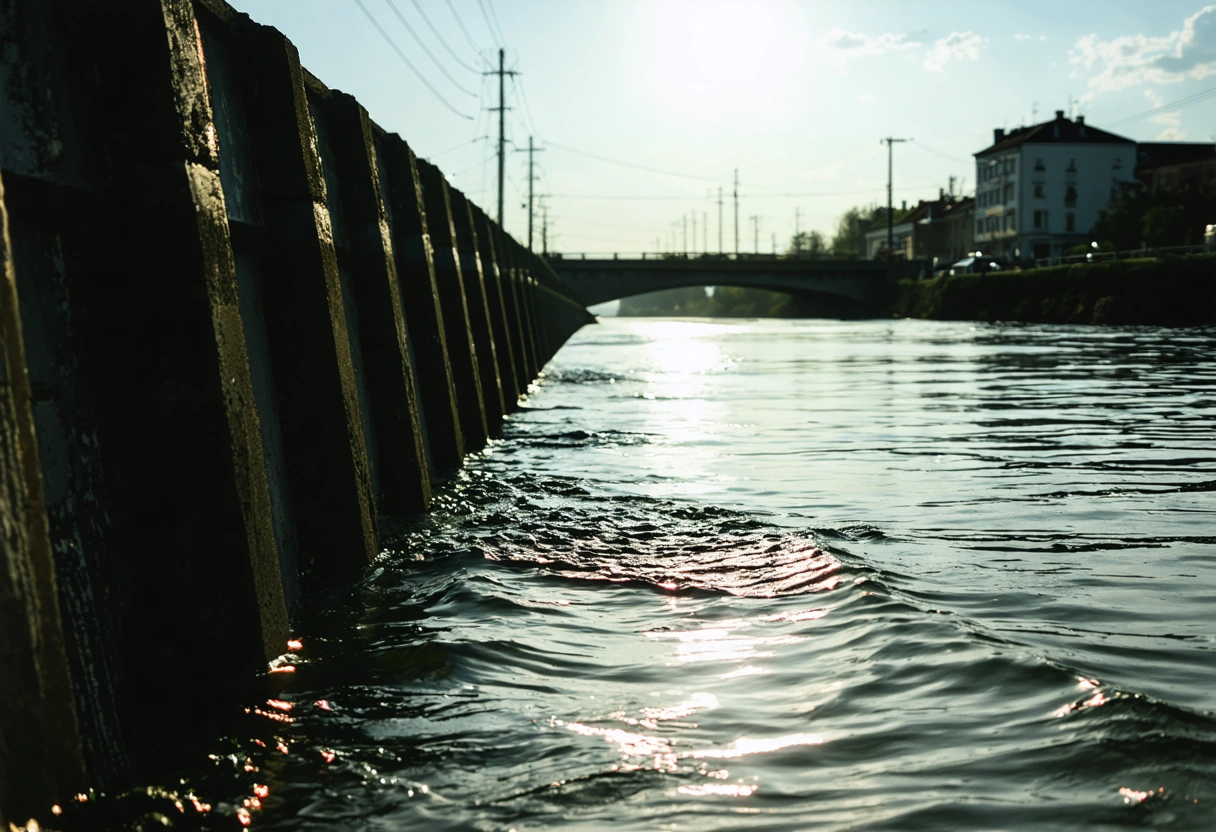 Close-up of concrete flood barrier by river, sunlight highlighting construction.