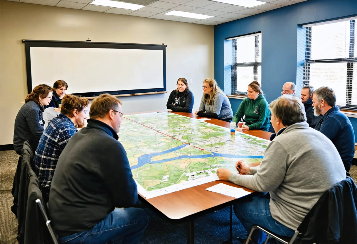 Community workshop on flood management, diverse group with maps, indoor setting.
